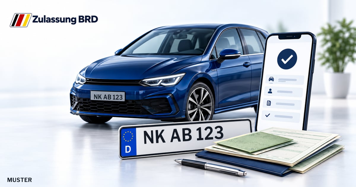 Online Fahrzeugzulassung in Landkreis Neunkirchen: Musterkennzeichen NK AB 123, Auto und Fahrzeugpapiere und Smartphone. Illustration mit Logo von Zulassung BRD.